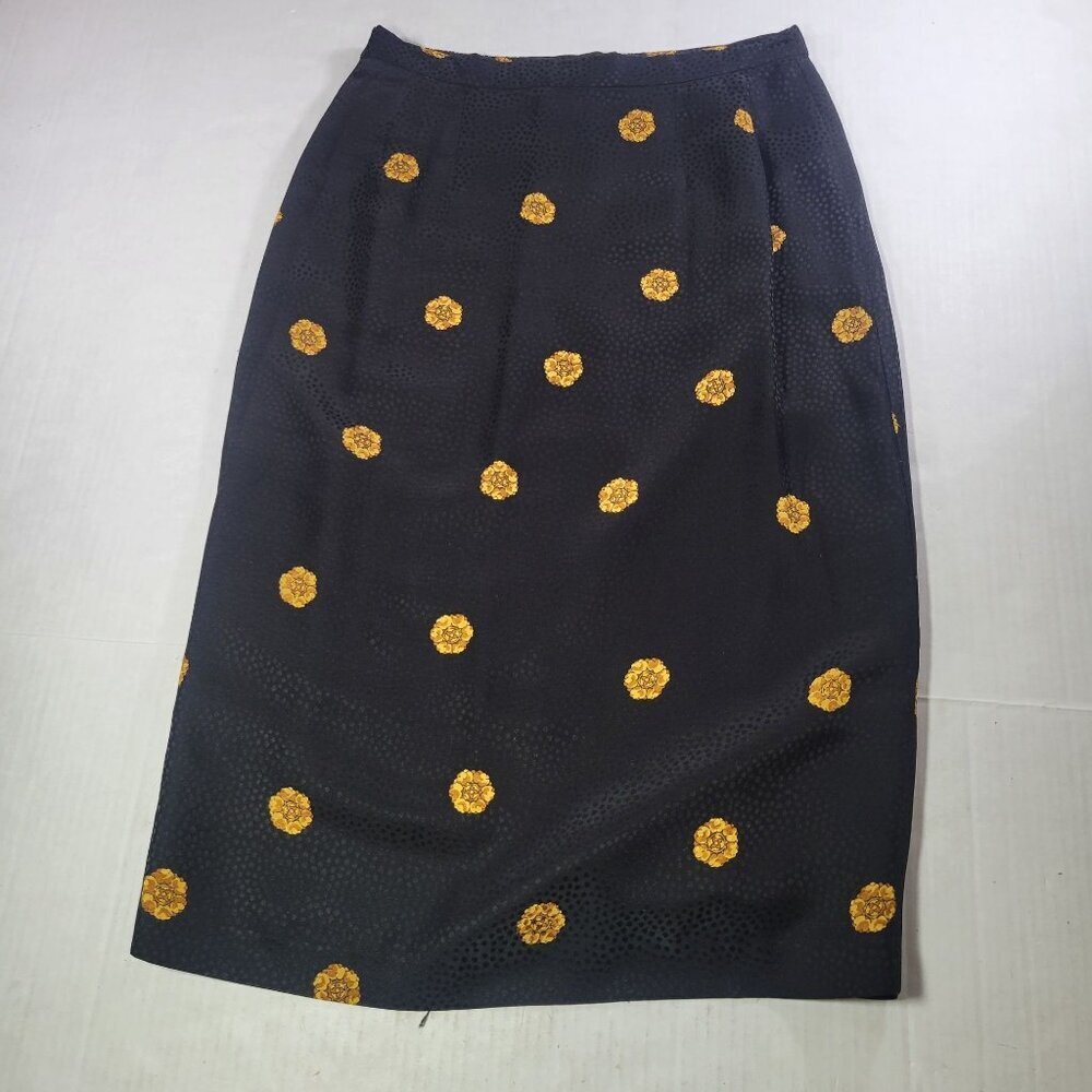 Black Silk Yellow Floral Pattern 100% Silk Shell Mid-Calf Pencil Skirt Size 4